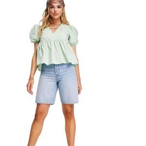 Asos Design Babydoll Top Size 2 Puff Sleeve Blouse Light‎ Green NEW